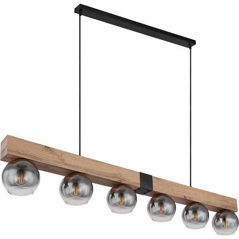 Pendelleuchte Hängelampe Holzoptik Esszimmerleuchte Landhaus Pendellampe 6 flammig, Metall schwarz, 6x E27 Fassung, LxBxH 140x15x120 cm