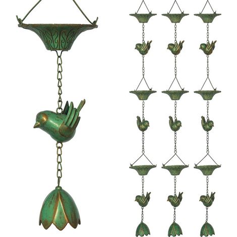 Chaine De Pluie - Metal Antirouille - 123 Cm - Motif Oiseau Et Clochette Lotus - Lot De 3 (1/5)