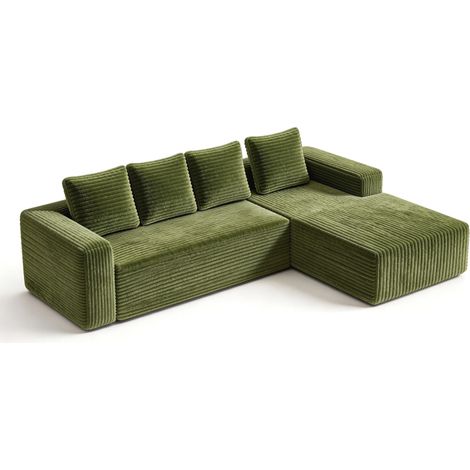 Sofá modular esquinero en L verde de pana, chaise longue izquierda, 4 plazas, MODENUIT (1/5)