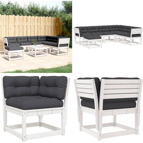Set Salotto Giardino 7pz con Cuscini Bianco Legno Massello Pino - Sedute angolari - Cuscini per seduta