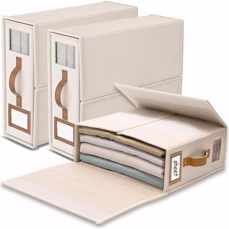 linge rangement drap de lit 3 organisateur drap pliable, respirantes avec fenêtre transparente & étiquette pour draps, couvertures & serviettes couleur lin (1/5)