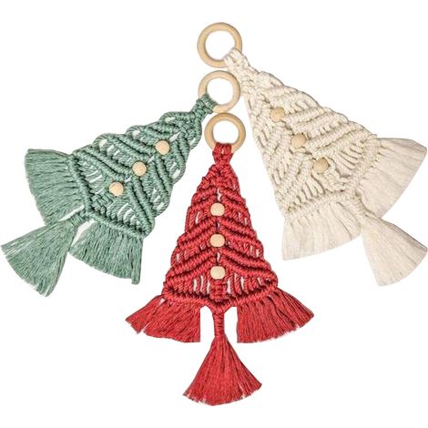 Kit de macramé d'arbre de noël, 3 couleurs, cordons en coton, anneaux en bois, 9 perles pour salon, chambre à coucher, couloir (1/5)