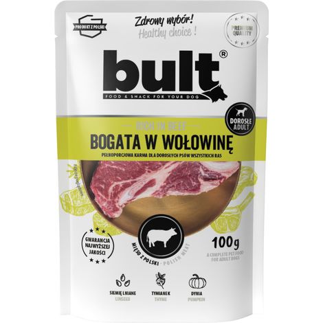 Alimento húmedo para perros BULT sabor carne de res, sobre de 100 g.