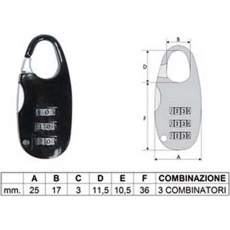 12BL LUCCHETTO AD ARCO A COMBINAZIONE PER VALIGE - mm.20