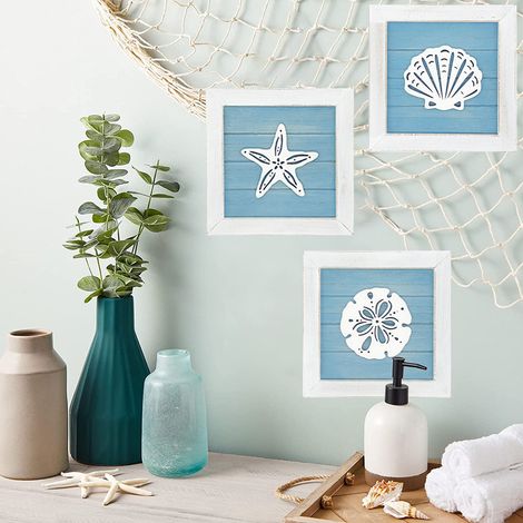 Décoration murale 3D sur le thème de l'océan et de la plage, avec étoiles de mer, coquillages et dollars des sables, style vintage pour salle de bain ou maison de plage. (1/5)