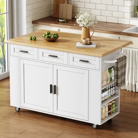 Îlot de cuisine 120 x 45(70) x 84 cm avec plateau rabattable, prises USB, tiroirs et roulettes, MDF naturel - blanc (1/5)