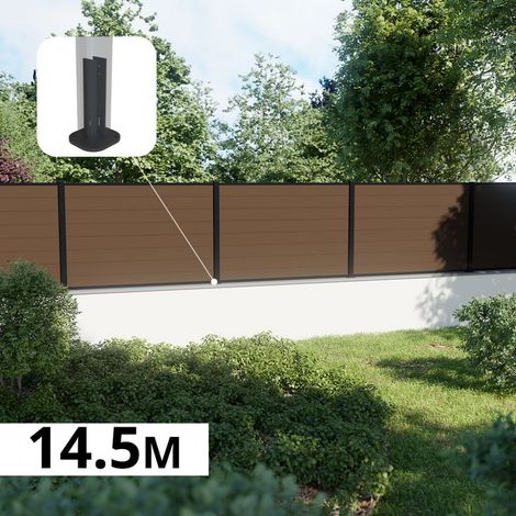 Kit Clôture Composite sur Muret RIO Bronze 14,5x1,2m - Bois composite & Aluminium - Poteaux sur Platines Noir - Brise vue