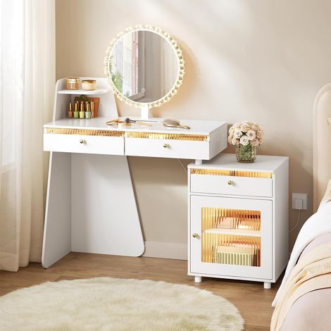 WOLTU Tocador moderno con espejo LED e iluminación ajustable de 3 colores – Tocador de maquillaje con 3 cajones y 1 armario montable – Blanco (1/5)