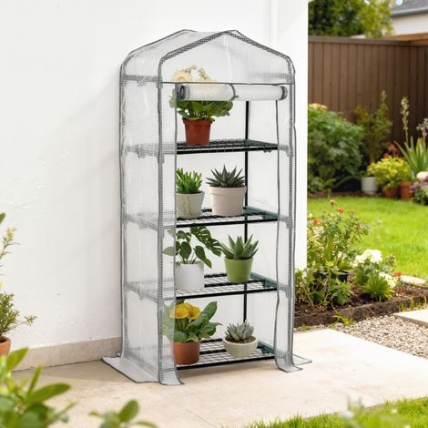 Serre tunnel en film plastique, mini serre de jardin avec étagères, 4 niveaux, châssis blanc, 70x50x160 cm, abri végétal extérieur (1/5)