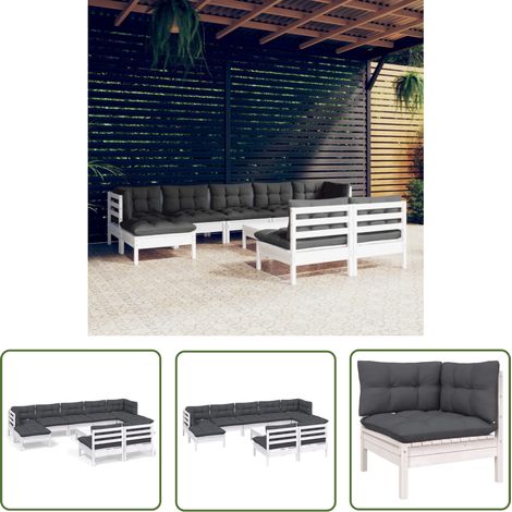The Living Store Salon de jardin 10 pcs avec coussins blanc bois de pin - Ensemble Salon De Jardin - Mobilier De Jardin - Salon De Patio - Meubles Exterieur - Chaise Longue (1/5)