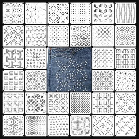 Gabarits de broderie Sashiko - Lot de 32 - Matière PET - Motifs de broderie - Modèles de broderie à la main - Accessoires de couture - 13 x 13 cm