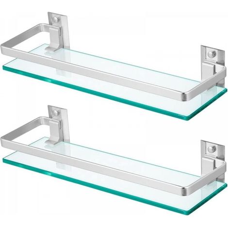 Lot de 2 étagères de salle de bain en verre trempé avec rampes, étagère de douche rectangulaire 28 x 11,4 cm, porte-shampoing mural flottant pour salle de bain, cuisine et salon (1/5)