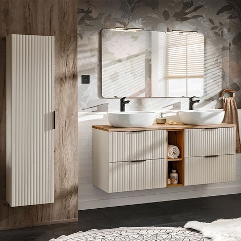 Conjunto de muebles con lavabo doble 140cm 2 compartimientos y columna Adriel Cachemira y Madera (1/4)