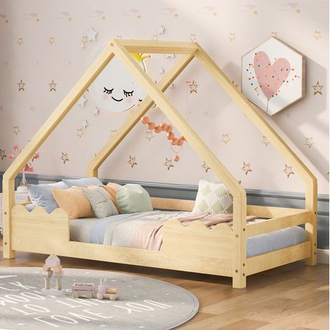 Kinder-Hausbett 90x200 cm aus Naturholz mit Rausfallschutz, ohne Matratze – MEUBLIV (1/5)