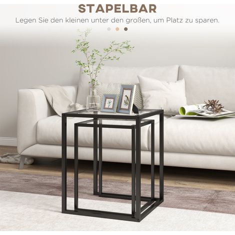 Lot 2 tables d'appoint empilables, table de nuit moderne noire avec pieds en acier, table basse pour salon (1/5)