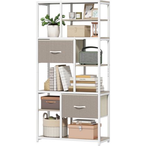Étagère de rangement 6 niveaux, bibliothèque avec 2 tiroirs en tissu, 9 étagères ouvertes, 72,5 x 30 x 150 cm, blanc (1/5)