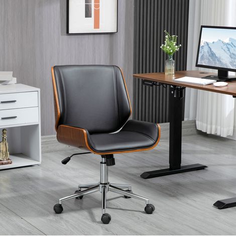 Sedia da ufficio retrò con dondolo, altezza regolabile 46-56 cm, legno e similpelle nera (1/5)