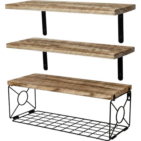 Levede Wood Floating Shelves 3 Tier Bathroom Wall Shelves with Storage Basket (1/5)