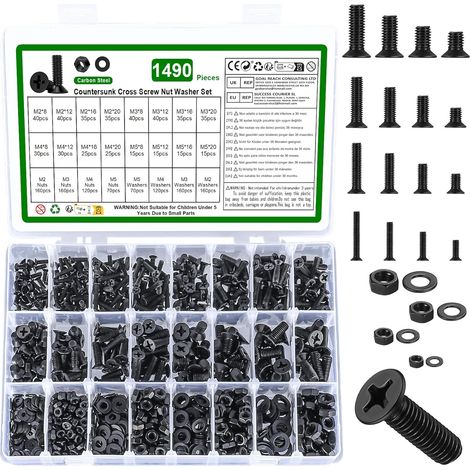 Kit surtido de 1490 piezas de tornillos y tuercas M2, M3, M4 y M5, pernos de cabeza avellanada Phillips con arandelas negras. (1/5)