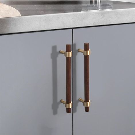 Lot de 2 poignées de meuble en bois -Poignées pour armoires de cuisine - Poignées en bois pour armoires de cuisine (Brun Foncé, 96MM) (1/5)