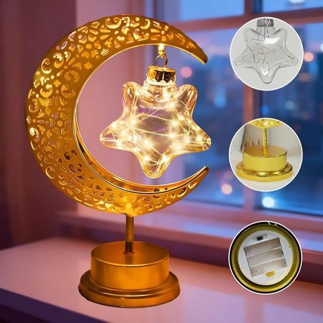 Lampe de table LED en fer forgé avec lune et étoiles rotatives, décoration orientale pour l'Aïd el-Fitr, lampe de bureau rétro en métal ajouré (piles non incluses) (1/5)