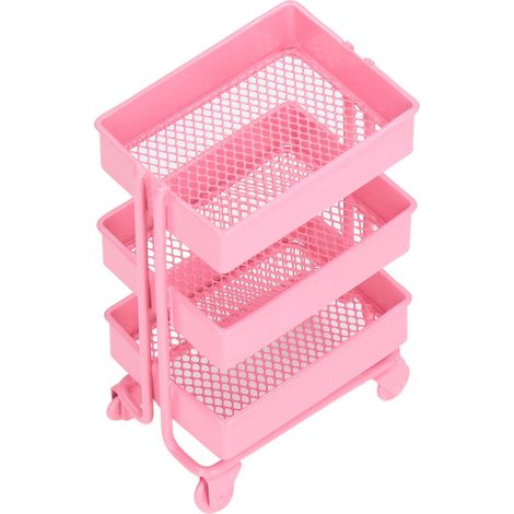 Étagère de rangement à 3 niveaux pour maison de poupée, modèle mobile à l'échelle 1:12, avec roulettes, rose (1/5)