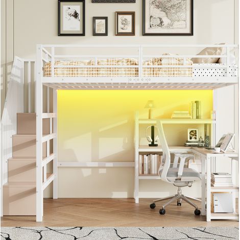 Bett Hochbett modern aus Metall Weiß 140x200 cm mit Schreibtisch, Stauraumtreppe, Regal, LED-Licht und USB