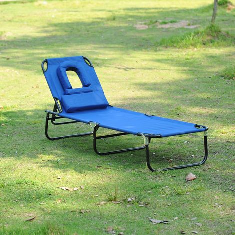 Chaise longue de jardin pliante en tissu Oxford bleu, cadre acier, dossier 4 positions, ouverture visage, 190x56x28 cm (1/5)