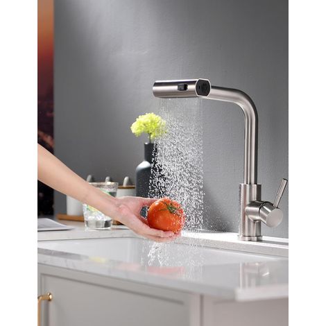 Extendable kitchen faucet - 360° swivel - Single-lever mixer tap for kitchen sink, Brushed Nickel
