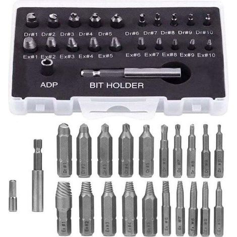 Kit de 22 pièces pour retirer les vis cassées, comprenant un porte-embout de tournevis magnétique, un adaptateur pour clé à douille et un extracteur pour boulons endommagés. (1/4)