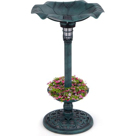 Bain d oiseaux et mangeoire sur pied vert en PP avec lampe solaire LED et bac en forme de lotus, pour jardin et terrasse (1/5)