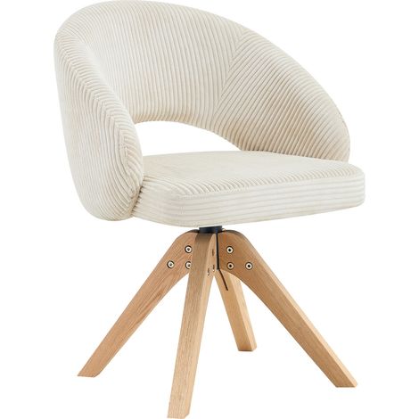 Lot de 2 chaises pivotantes rétro luxe. Tissu blanc à structure à rayures verticales avec pieds en bois massif, rotation silencieuse à 360° et dossier incurvé enveloppant. Convient à la salle à manger (1/5)
