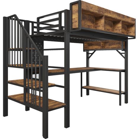 Lit mezzanine 90x200 cm brun vintage noir avec bureau d'angle, rangements, LED - MODENUIT (1/5)