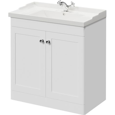 Wholesale Domestic Danbury Satin White 800mm Floor Standing Vanity Unit with 1 Tap Hole Traditional Basin and 2 Doors with Polished Chrome Handles (1/5)