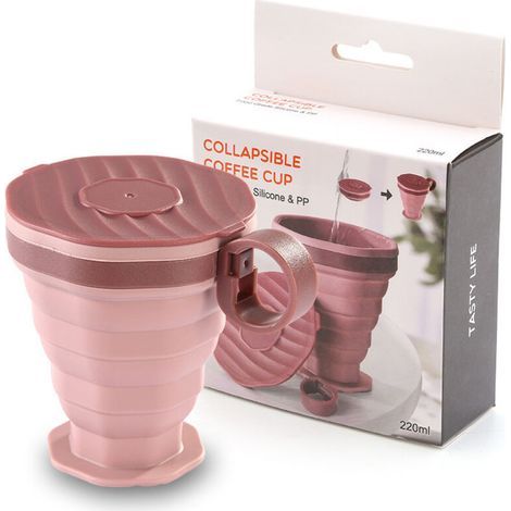 Mug de voyage pliable avec couvercle – Tasse à café/eau – Silicone – Rose (1/5)