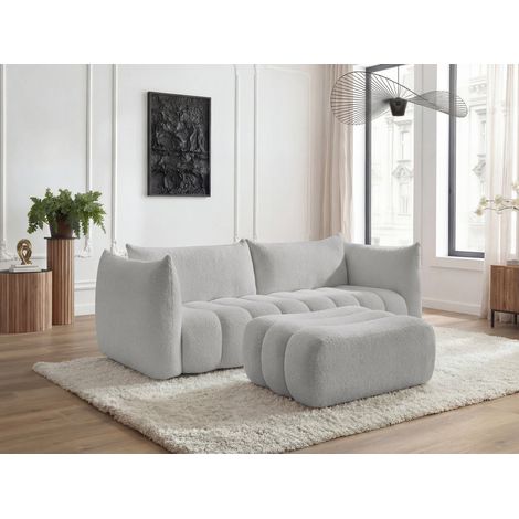 BOBOCHIC - Canapé droit fixe 4 places AZRA tissu bouclette avec pouf   Gris clair