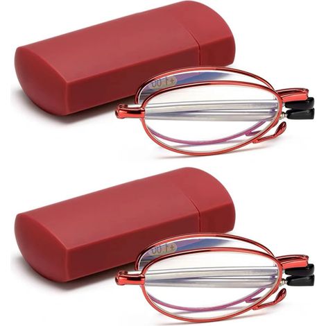 2 paires Lunettes de lecture anti-lumière bleue, pliables, charnière à ressort, métal rouge, 133 mm (1/5)