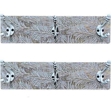 Wandgarderobe 39 cm Garderobenbrett mit Haken Holz Garderobenleiste Vintage Shabby Hakenleiste Garderobe 3 Haken, Palmenblätter Design, Metallhaken mint natur, H 10 cm, 2er Set