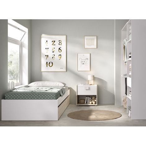 DEKIT GRUPO RIMOBEL LAGO PACK - CONJUNTO DE CAMA NIDO CON 2 CAJONES, MESITA DE NOCHE Y ARMARIO VESTIDOR - BLANCO / NATURAL (1/5)