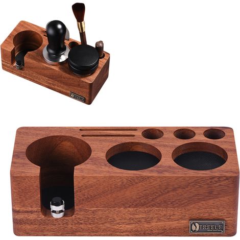 Estación de prensado de nogal para máquina de espresso de 54 mm, soporte para portafiltro, altura ajustable, 3 en 1: organizador, dispensador y portafiltro para encimera.