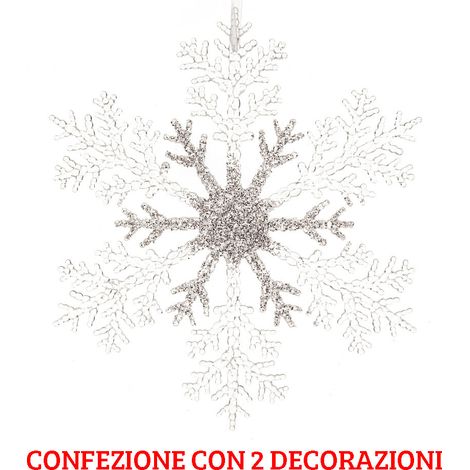 2 FIOCCHI DI NEVE 32 CM ARGENTO GLITTERATI CON DECORI