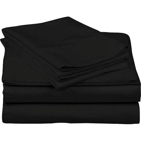 Juego de ropa de cama de 4 piezas en satén de algodón egipcio de 800 hilos, color negro liso, tamaño King, calidad de hotel de alta gama, apto para colchones de hasta 45 cm de grosor.