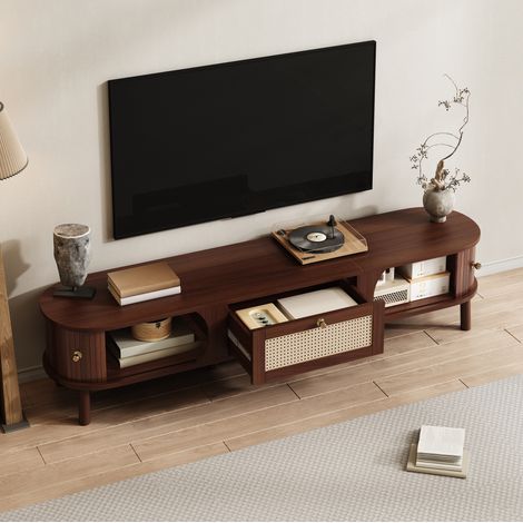 Meuble TV vintage en bois 170x38x39.5cm, Avec Tiroir Rattan + 2 Portes coulissante, meuble tele bas de salon, marron (1/5)