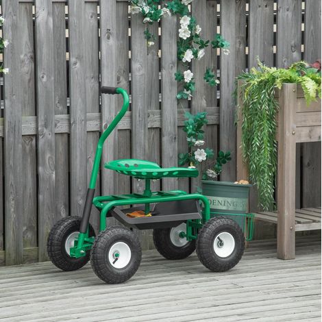 Carrello da giardino in metallo verde con sedile girevole e altezza regolabile (1/5)
