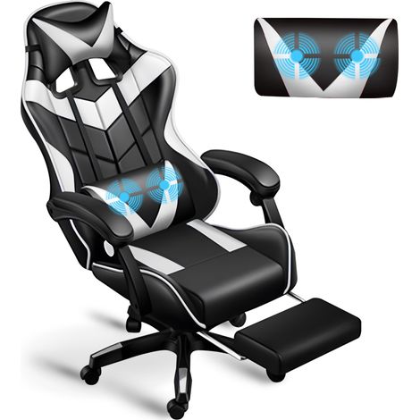 Magicfox – Chaise gaming ergonomique avec coussin lombaire massage USB – Dossier inclinable 90°-135° – Hauteur réglable – Acier et maille – Blanc
