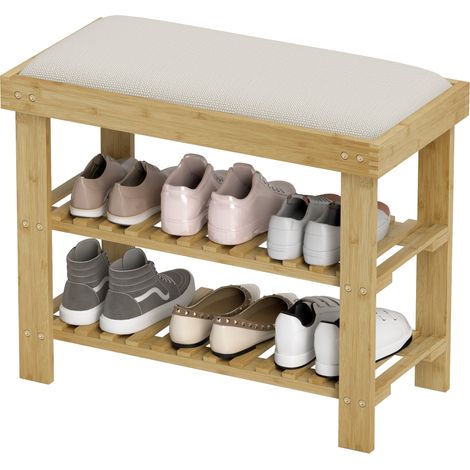 Banc à chaussures entrée assise rembourrée 60 x 29 x 49 cm rangement 2 niveaux style scandinave épuré en bambou crème (1/5)