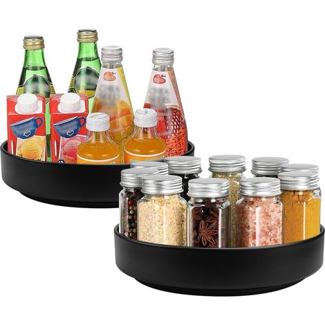 2 Pcs Plateau Tournant Cuisine 5.5x30 cm/26 cm, Rangement Épices Tournant en Acier, Porte Épices Rotatif à 360°, Plateau Tournant Maquillage, pour Réfrigérateur Bar Placard Commode, Noir (1/5)