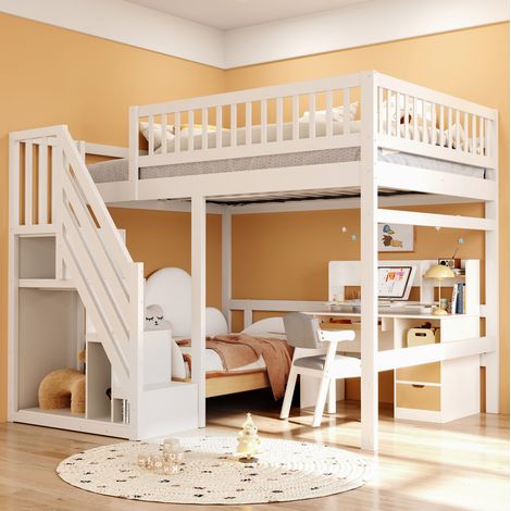 Lit mezzanine enfant 140x200 – Bois massif blanc – Escalier avec placard de rangement et penderie– Optimisation d'espace pour petites chambres