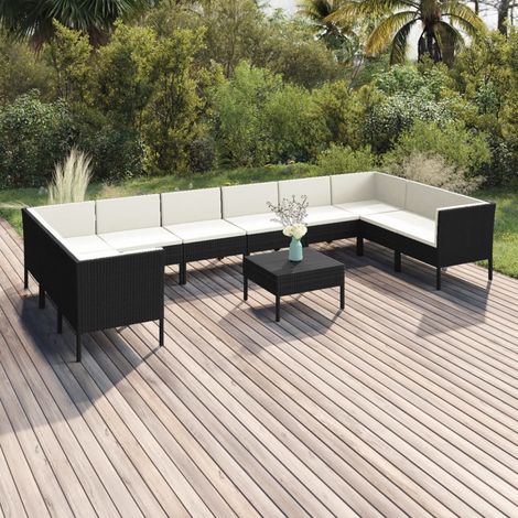 11-tlg. Garten-Lounge-Set mit Auflagen Poly Rattan Schwarz (1/5)