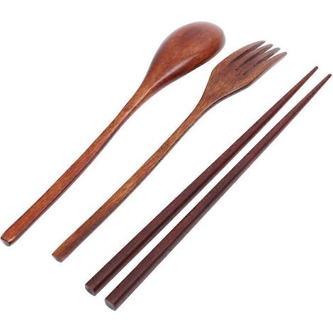 Ensemble de trois pièces en bois (fourchette, cuillère et baguettes) de style japonais/coréen, idéal pour les voyages et les repas (sans baguettes emmêlées).-22.53.8cm